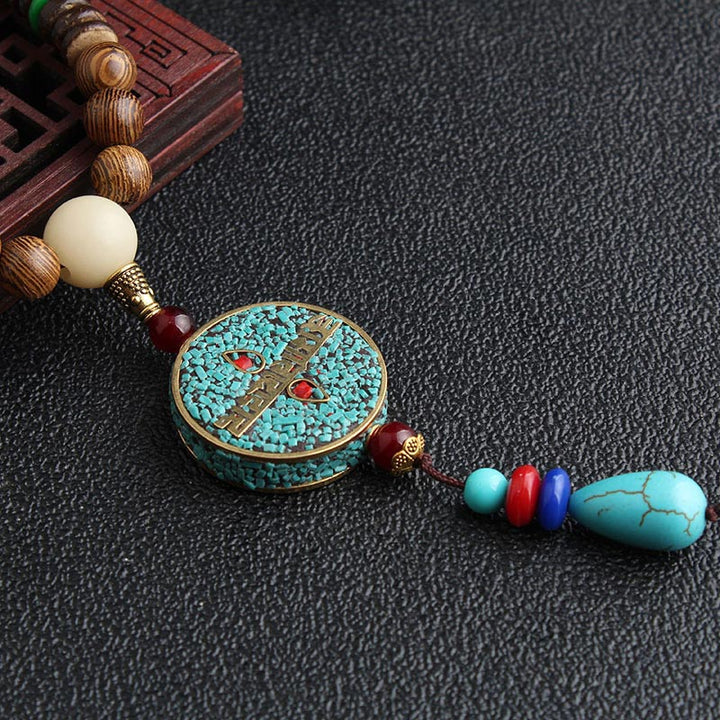 Turquoise Dzi bead prayer wheel necklace — view 2