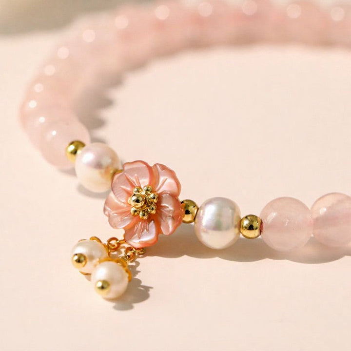 Buddha Stones Rose Quartz Pearl Flower Charm Love Bracelet