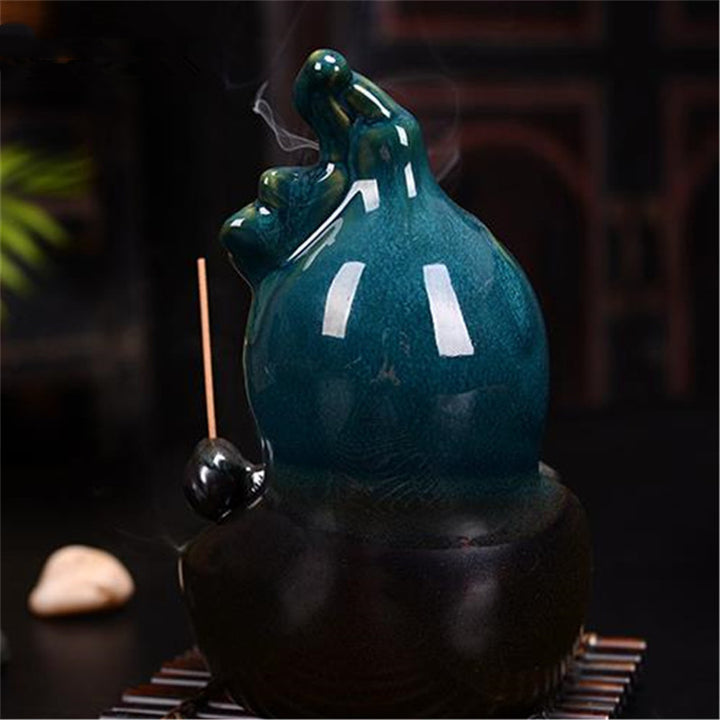 Green Glazed Ceramic Gourd Lotus Backflow Incense Burner