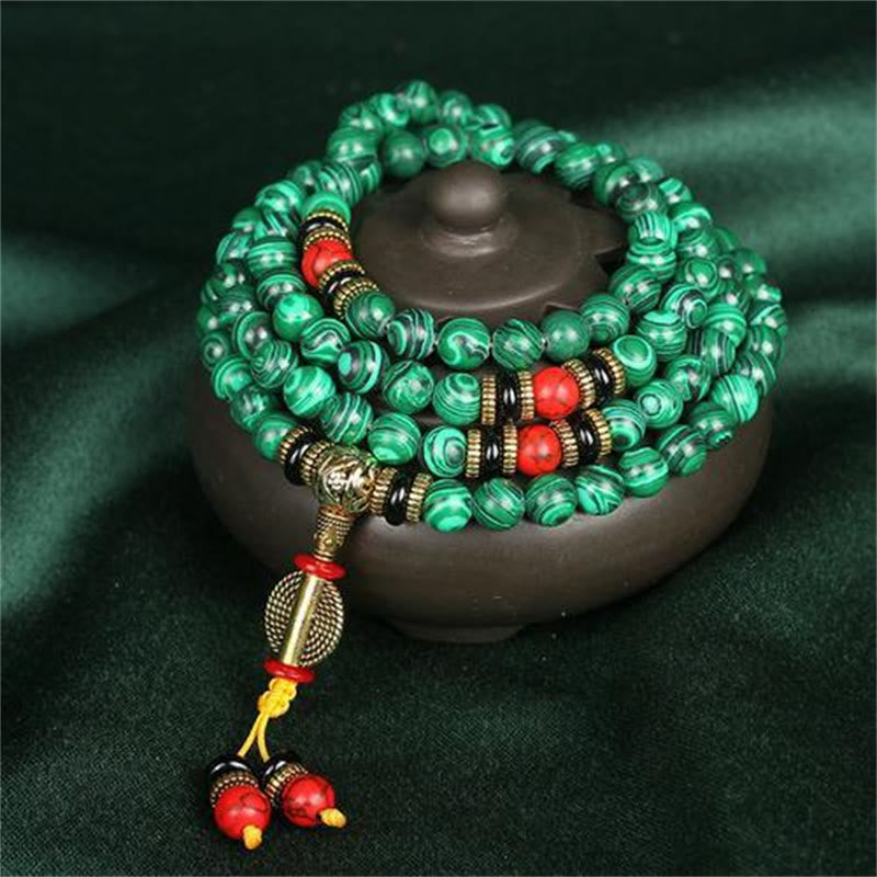 Tibetan malachite 108-bead mala — view 1