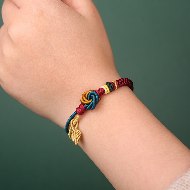 Handwoven mandala knot and leaf cord bracelet — view 2