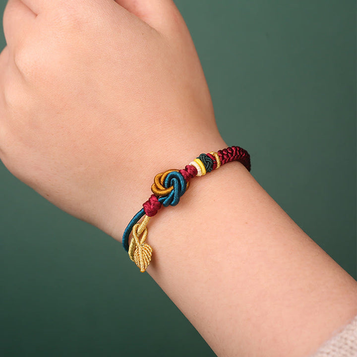 Handwoven mandala knot and leaf cord bracelet — view 2