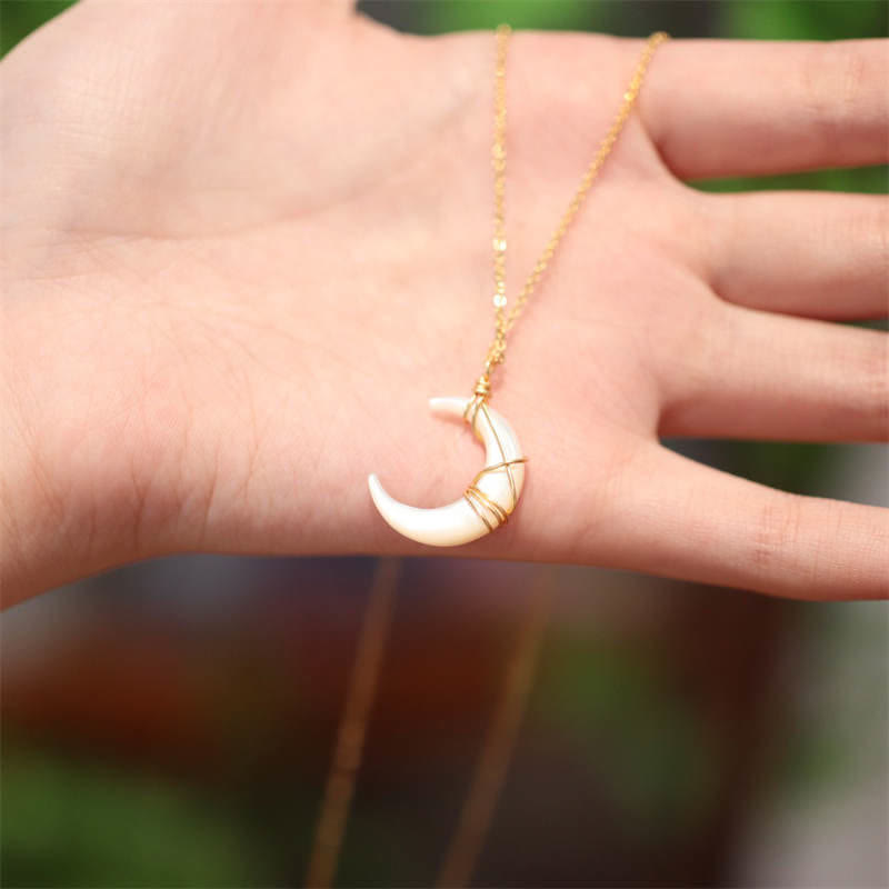 Buddha Stones Natural Tridacna Stone Crescent Moon Blessing Necklace Pendant Necklaces & Pendants BS 2