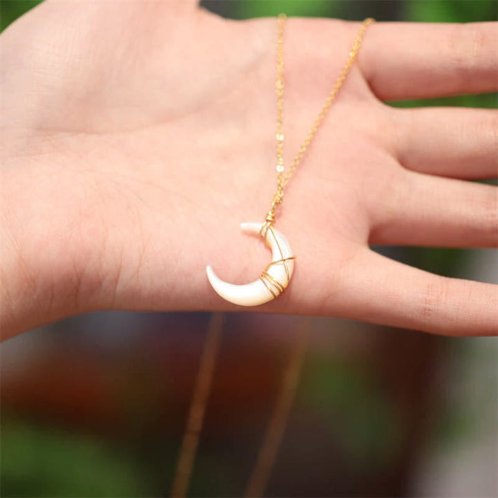 Buddha Stones Natural Tridacna Stone Crescent Moon Blessing Necklace Pendant Necklaces & Pendants BS 2