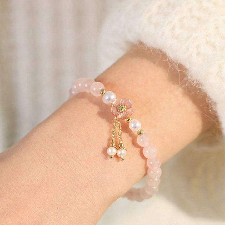 Buddha Stones Rose Quartz Pearl Flower Charm Love Bracelet