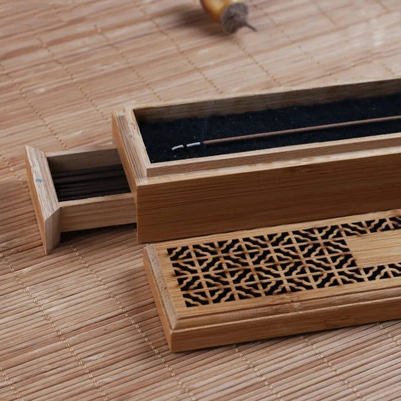 Bamboo Incense Burner Incense Stick Holder With Drawer Joss-stick Box Hollow Aromatherapy Zen Lying Censer Home Office Teahouse