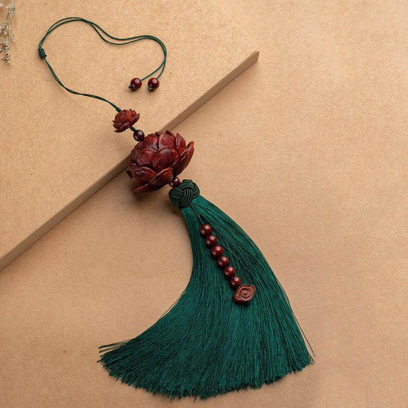 Buddha Stones Tibetan Small Leaf Red Sandalwood Lotus Luck Protection Tassel Decoration - Green - Decoration - image 15