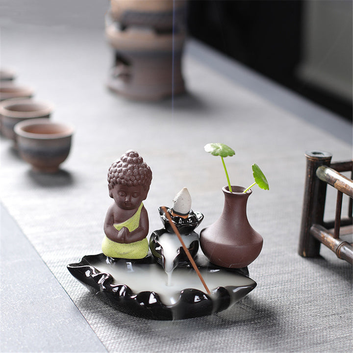 Buddha Backflow Incense Burner Ceramic Little Monk Stick Incense Holder
