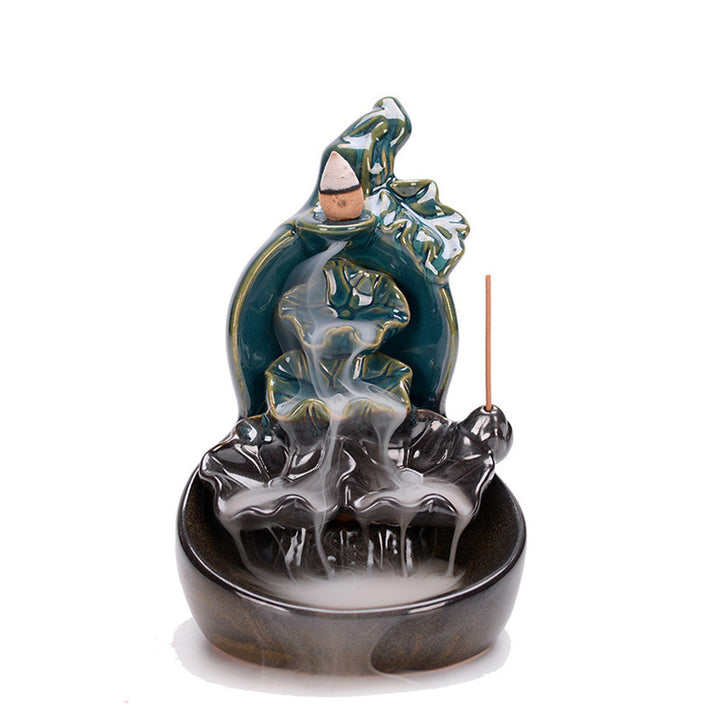 Green Glazed Ceramic Gourd Lotus Backflow Incense Burner