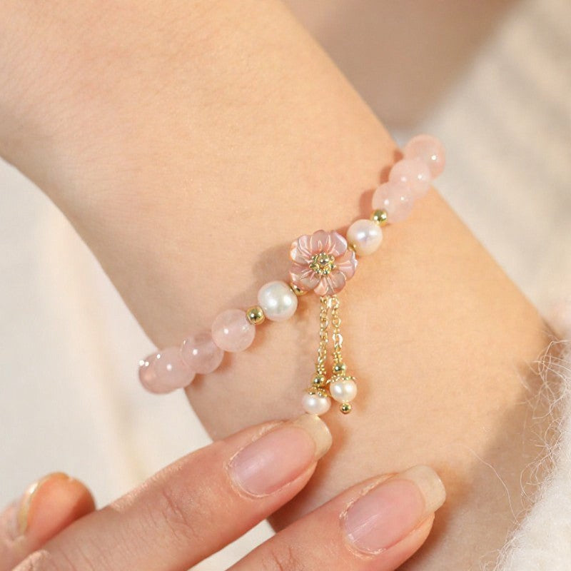Buddha Stones Rose Quartz Pearl Flower Charm Love Bracelet