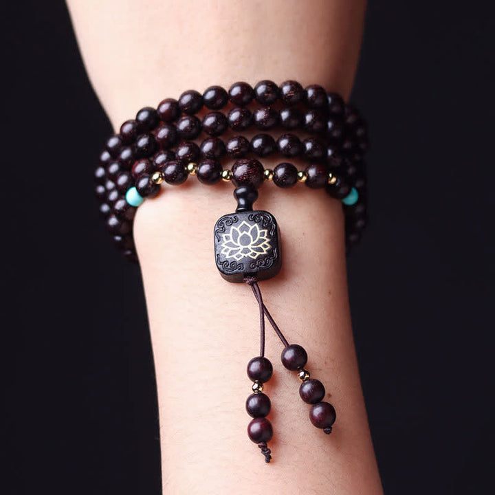 Buddha Stones 108 Mala Beads Tibetan Small Leaf Red Sandalwood Lotus Balance Bracelet Bracelet Mala BS 3