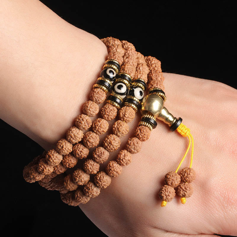 Buddha Stones 108 Mala Beads Rudraksha Bodhi Seed Dzi Bead Luck Wealth Bracelet Mala Bracelet BS 5