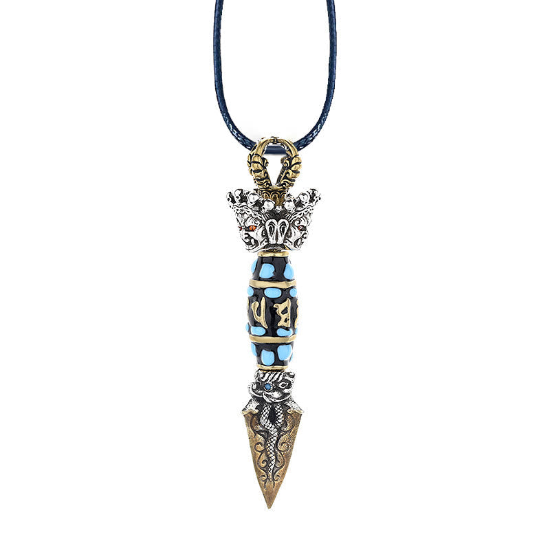 Buddha Stones Tibet Om Mani Padme Hum Dzi Bead Dorje Vajra Pattern Wealth Rotatable Necklace Pendant Necklaces & Pendants BS 11