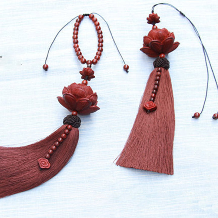Buddha Stones Tibetan Small Leaf Red Sandalwood Lotus Luck Protection Tassel Decoration - image 9