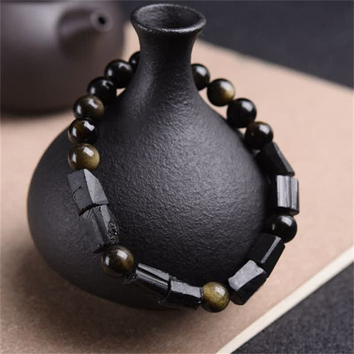 Buddha Stones Gold Sheen Obsidian Black Tourmaline Wealth Bracelet