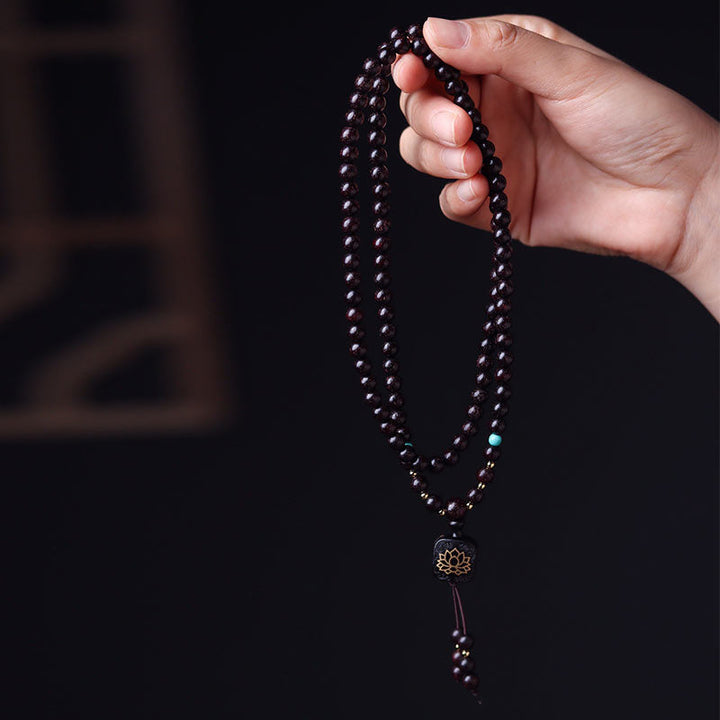 Buddha Stones 108 Mala Beads Tibetan Small Leaf Red Sandalwood Lotus Balance Bracelet Bracelet Mala BS 1