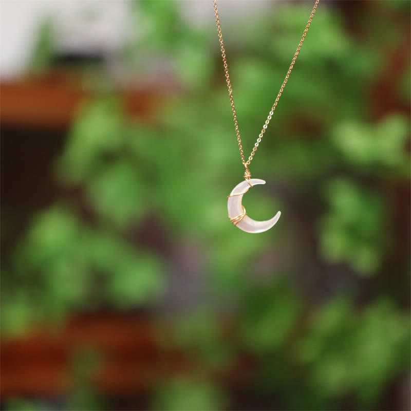 Buddha Stones Natural Tridacna Stone Crescent Moon Blessing Necklace Pendant Necklaces & Pendants BS 3