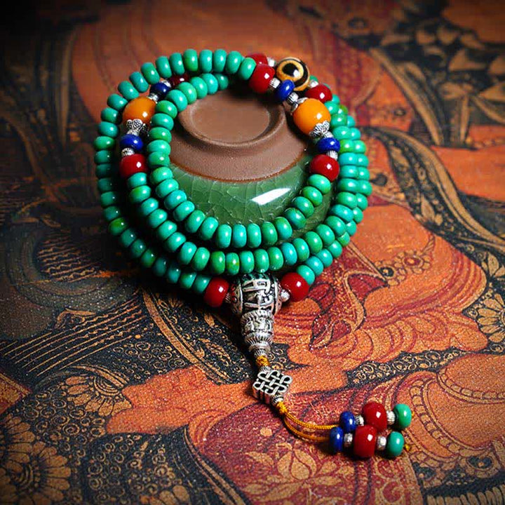 Buddha Stones 108 Mala Beads Tibetan Turquoise Dzi Bead Protection Bracelet Mala Bracelet BS main