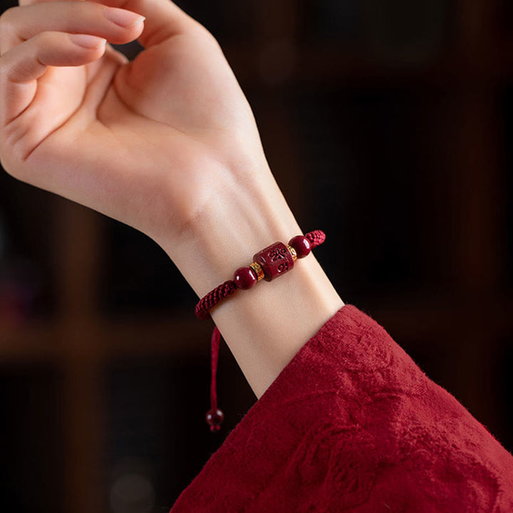 Buddha Stones Tibet Cinnabar Om Mani Padme Hum Engraved Blessing Braided Bracelet Bracelet BS 6
