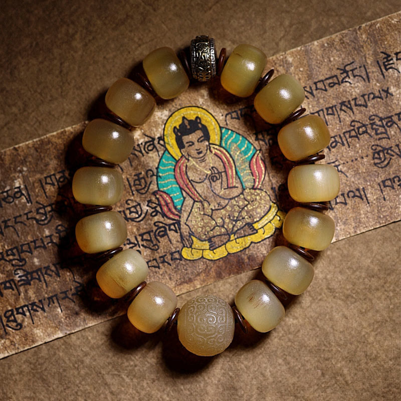 Tibetan sheep horn and silver mantra bracelet — view 1