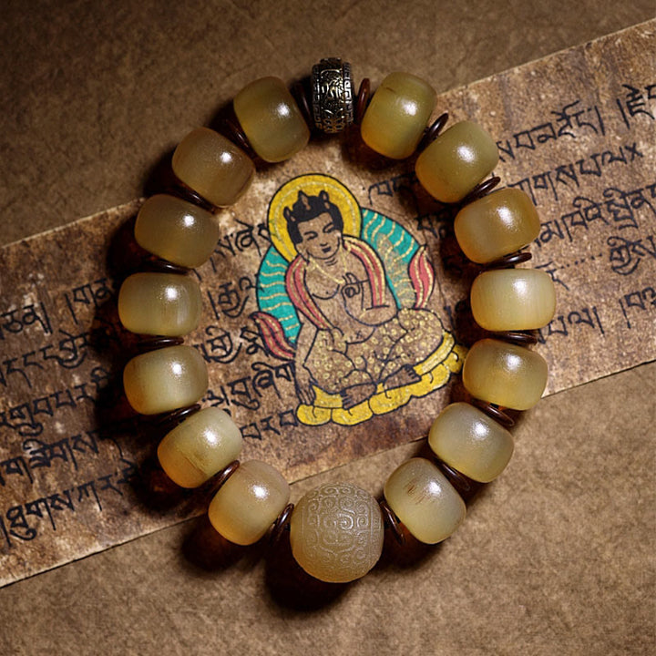 Tibetan sheep horn and silver mantra bracelet — view 1