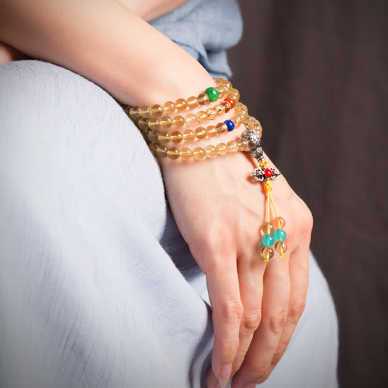 925 Sterling Silver Citrine Red Agate Amber 108-Bead Mala Bracelet — product view 4