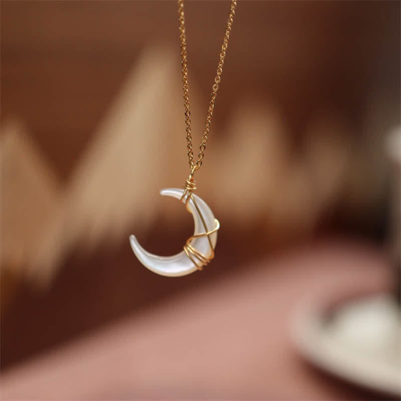 Buddha Stones Natural Tridacna Stone Crescent Moon Blessing Necklace Pendant Necklaces & Pendants BS 5