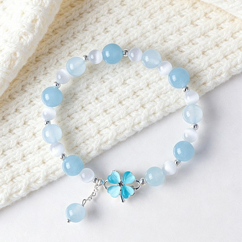 Buddha Stones Prehnite Rose Quartz Blue Chalcedony Lucky Clover Love Bracelet