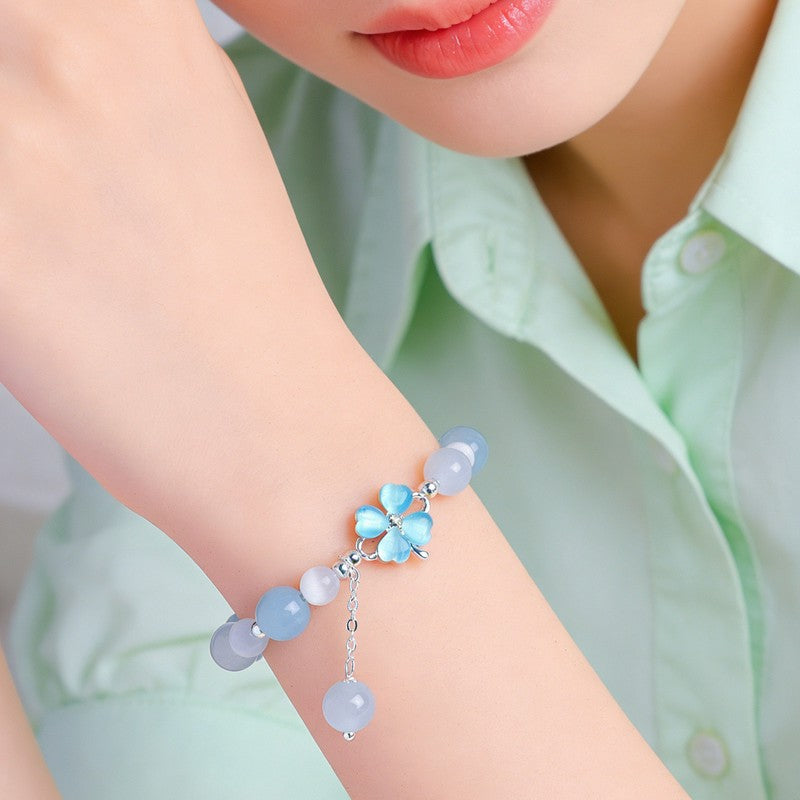 Buddha Stones Prehnite Rose Quartz Blue Chalcedony Lucky Clover Love Bracelet
