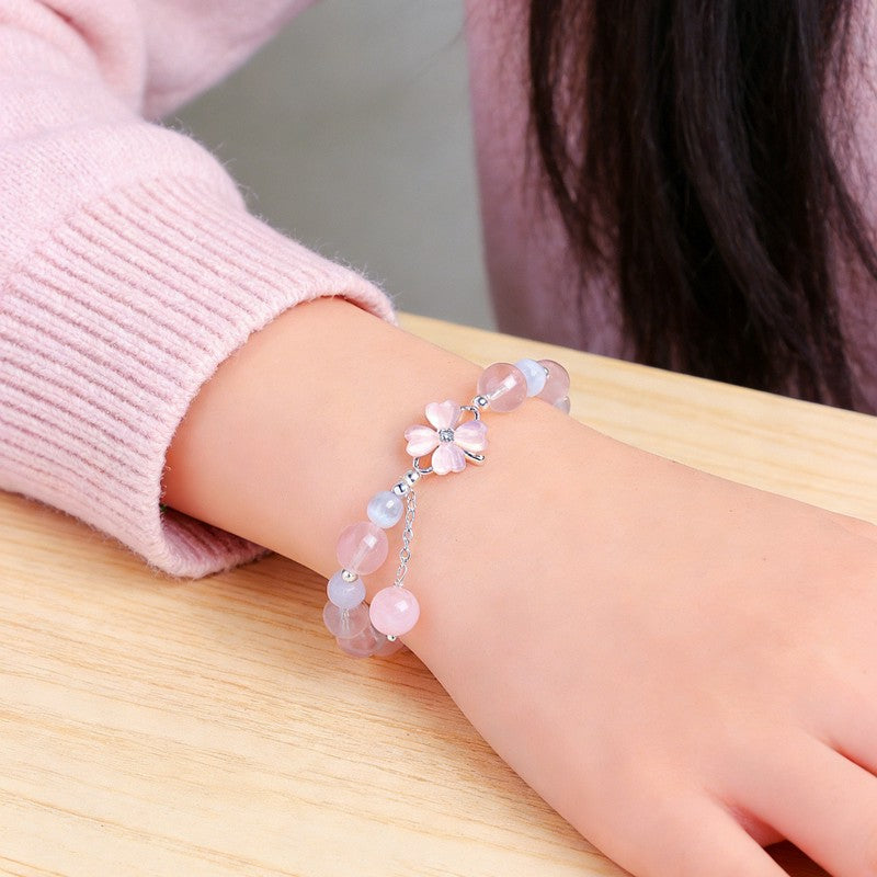Buddha Stones Prehnite Rose Quartz Blue Chalcedony Lucky Clover Love Bracelet