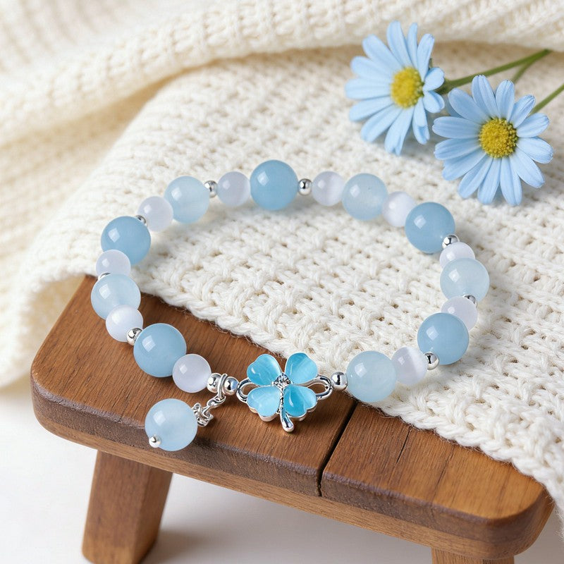 Buddha Stones Prehnite Rose Quartz Blue Chalcedony Lucky Clover Love Bracelet