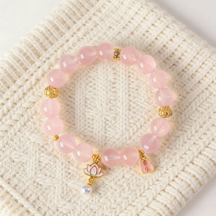 Buddha Stones Natural Rose Quartz Clear Quartz Lotus Charm Love Bracelet