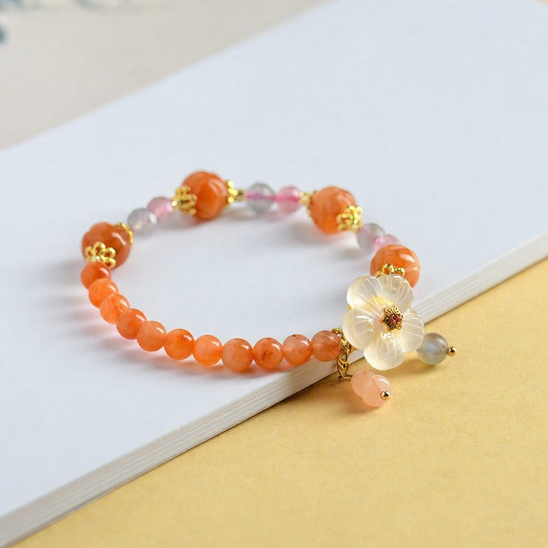 Buddha Stones Golden Silk Jade Lotus Bead Luck Floral Charm Bracelet