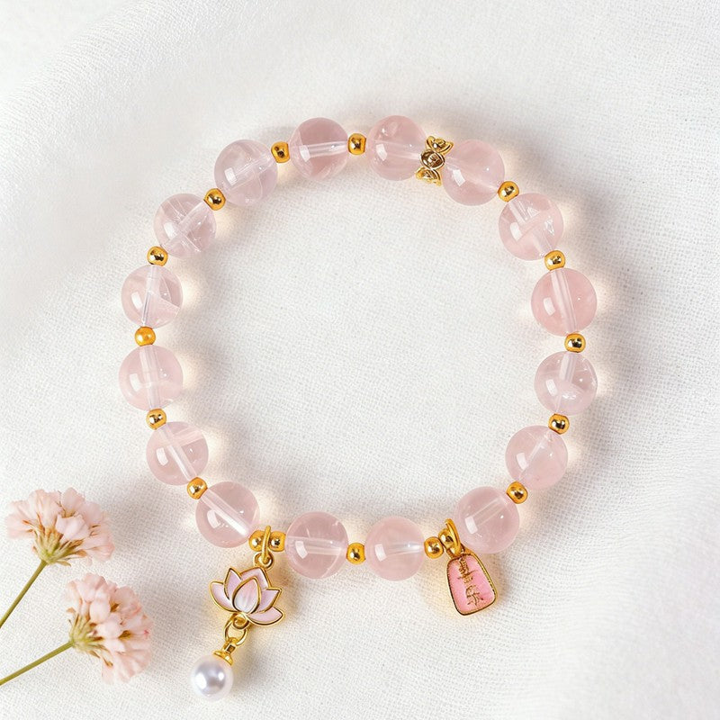 Buddha Stones Natural Rose Quartz Clear Quartz Lotus Charm Love Bracelet