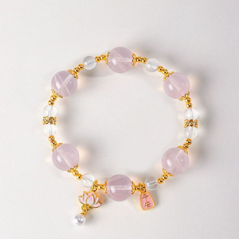 Buddha Stones Natural Rose Quartz Clear Quartz Lotus Charm Love Bracelet