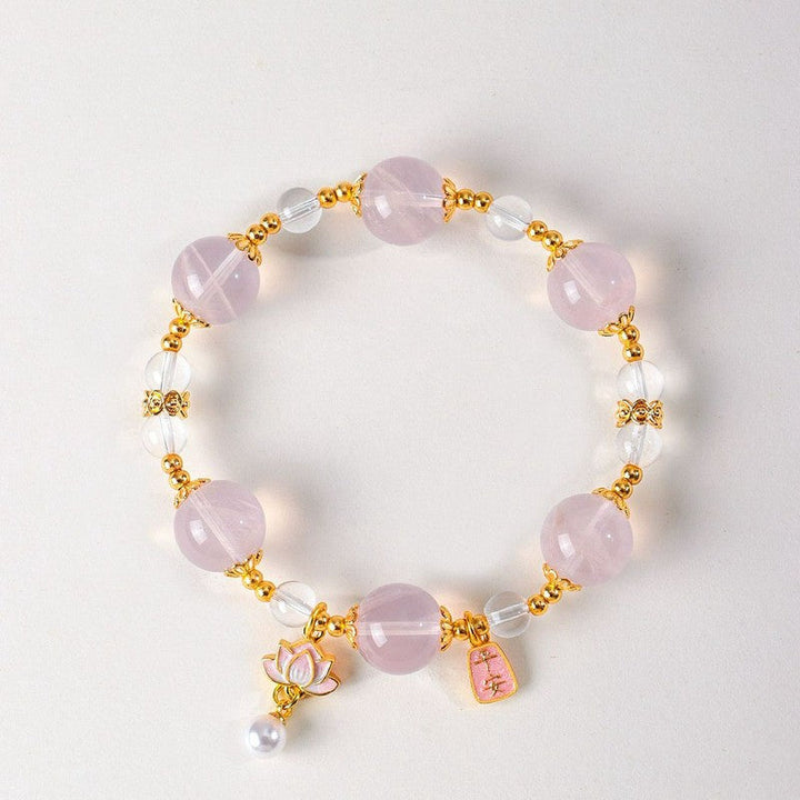 Buddha Stones Natural Rose Quartz Clear Quartz Lotus Charm Love Bracelet
