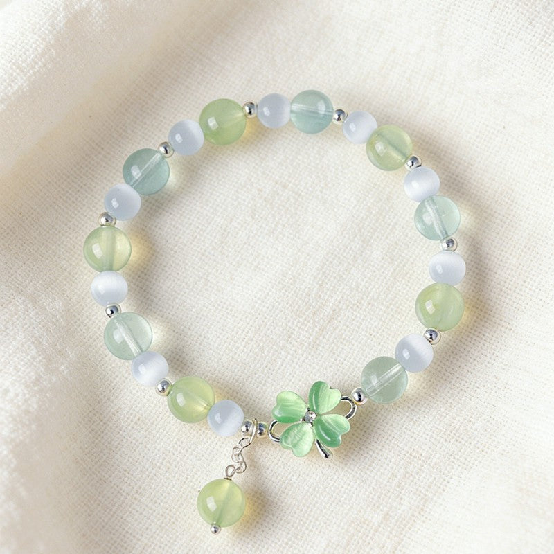 Buddha Stones Prehnite Rose Quartz Blue Chalcedony Lucky Clover Love Bracelet