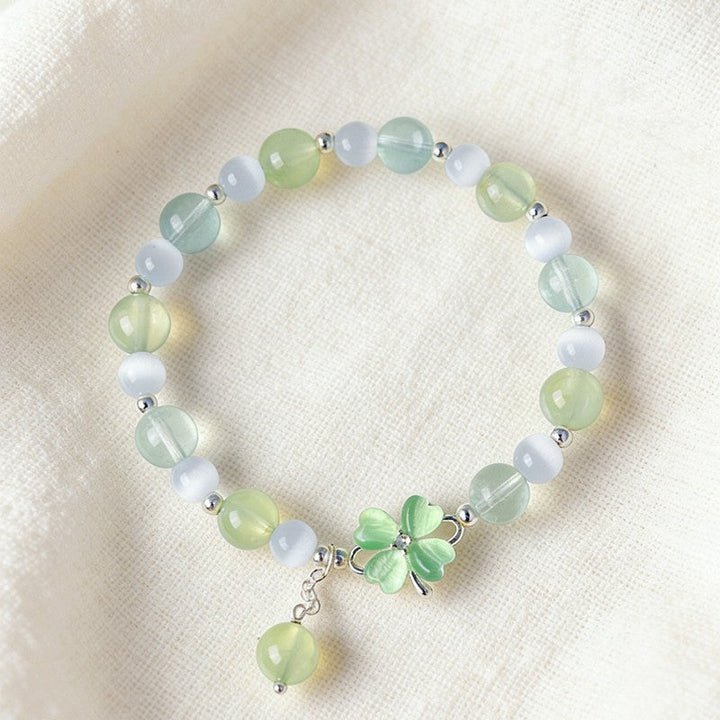 Buddha Stones Prehnite Rose Quartz Blue Chalcedony Lucky Clover Love Bracelet