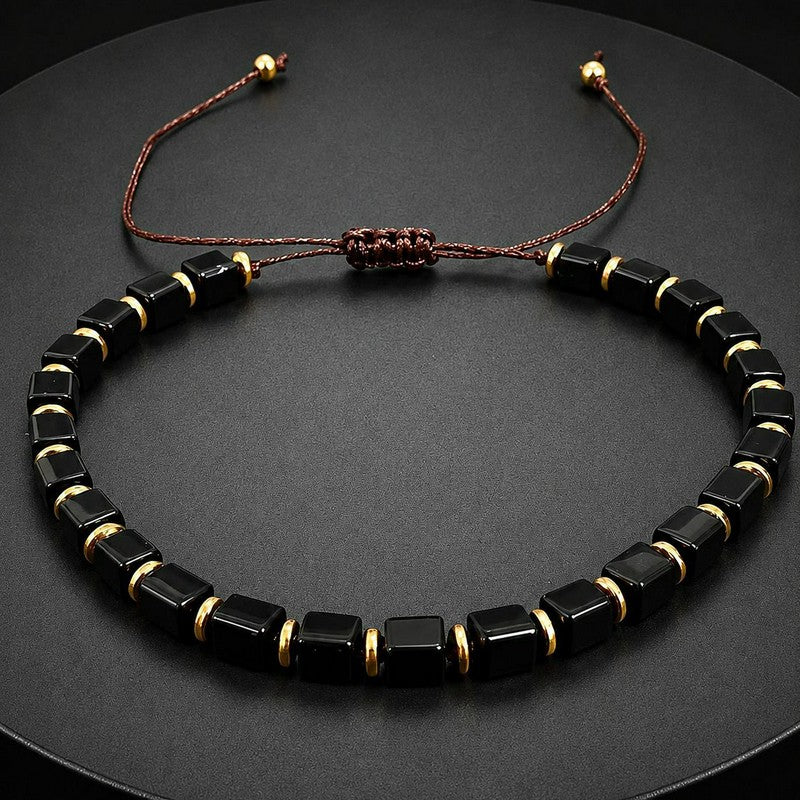Buddha Stones Black Obsidian Protection Square Bead Braided Adjustable Bracelet