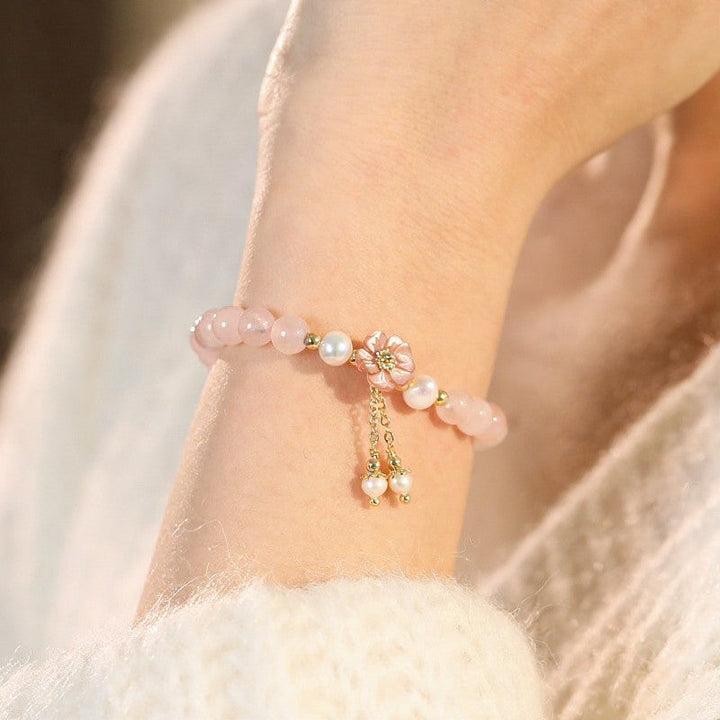 Buddha Stones Rose Quartz Pearl Flower Charm Love Bracelet