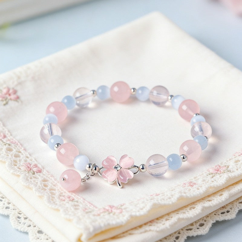 Buddha Stones Prehnite Rose Quartz Blue Chalcedony Lucky Clover Love Bracelet