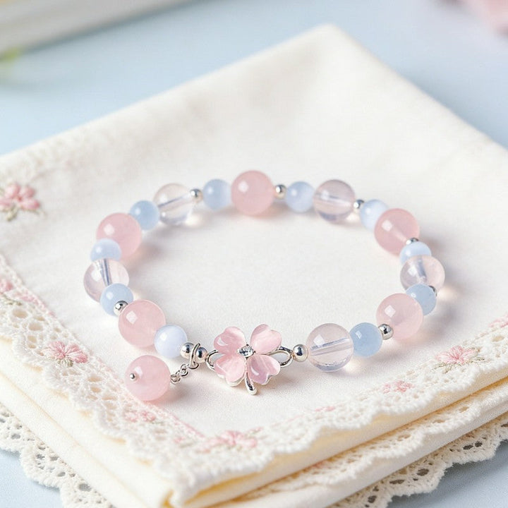 Buddha Stones Prehnite Rose Quartz Blue Chalcedony Lucky Clover Love Bracelet
