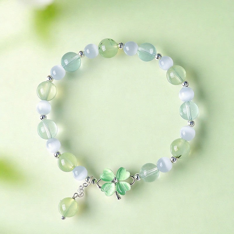 Buddha Stones Prehnite Rose Quartz Blue Chalcedony Lucky Clover Love Bracelet