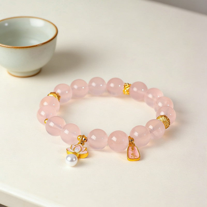 Buddha Stones Natural Rose Quartz Clear Quartz Lotus Charm Love Bracelet