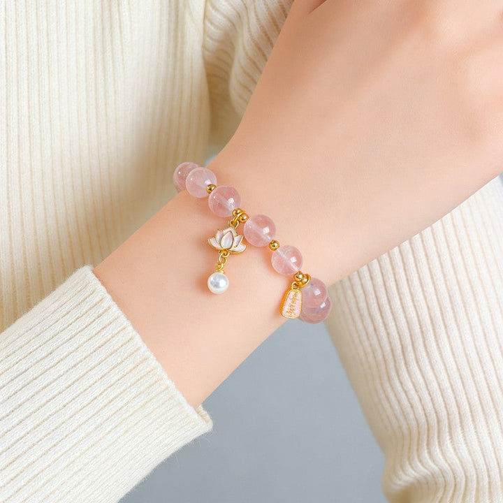 Buddha Stones Natural Rose Quartz Clear Quartz Lotus Charm Love Bracelet