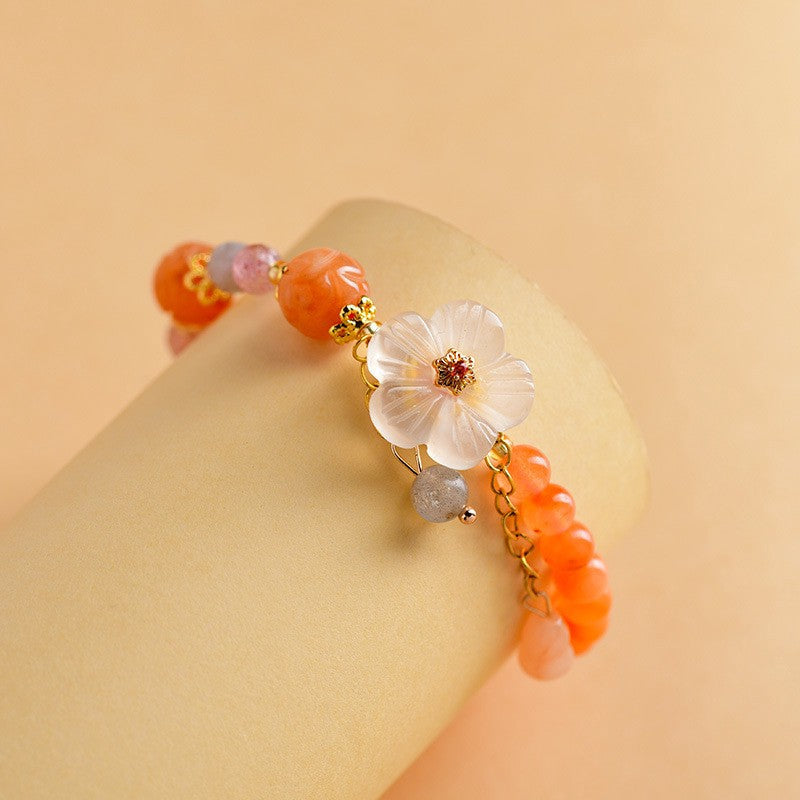 Buddha Stones Golden Silk Jade Lotus Bead Luck Floral Charm Bracelet