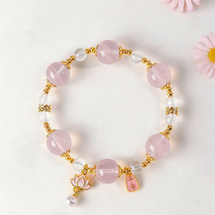 Buddha Stones Natural Rose Quartz Clear Quartz Lotus Charm Love Bracelet