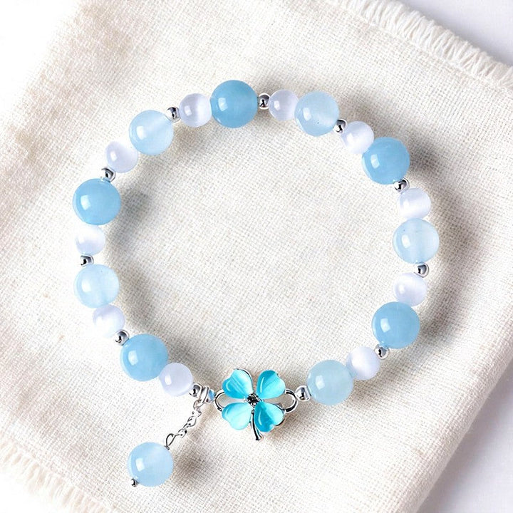 Buddha Stones Prehnite Rose Quartz Blue Chalcedony Lucky Clover Love Bracelet