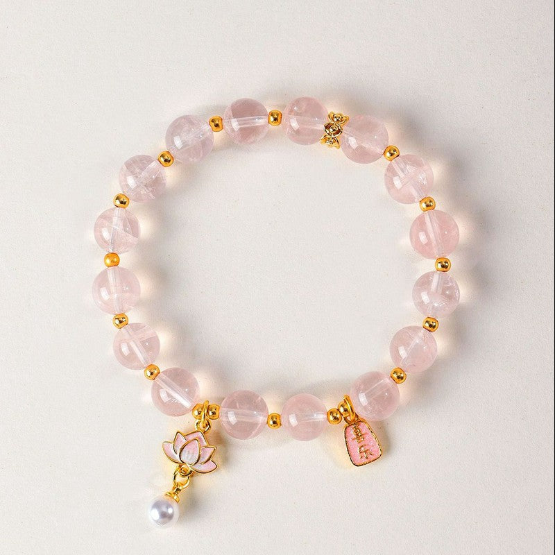 Buddha Stones Natural Rose Quartz Clear Quartz Lotus Charm Love Bracelet