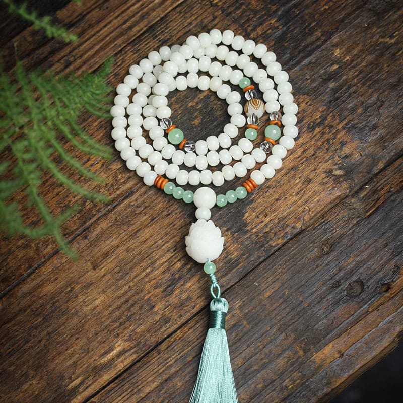 Buddha Stones White Bodhi Seed Mala 108 Beads Protection Bracelet Bracelet BS 1
